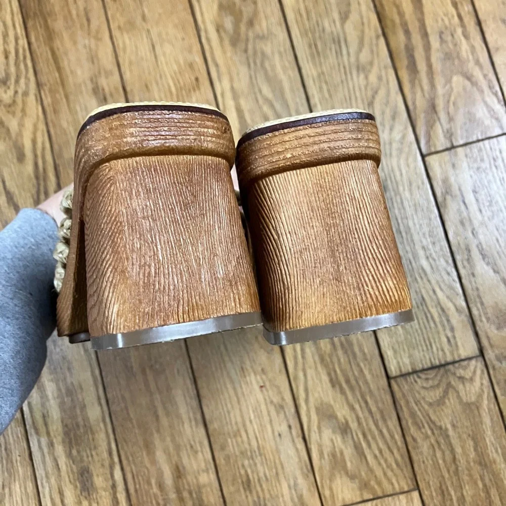Vintage lei Platform Sandals Woven Straw Wood Block Heel Mules Tan Brown 90s